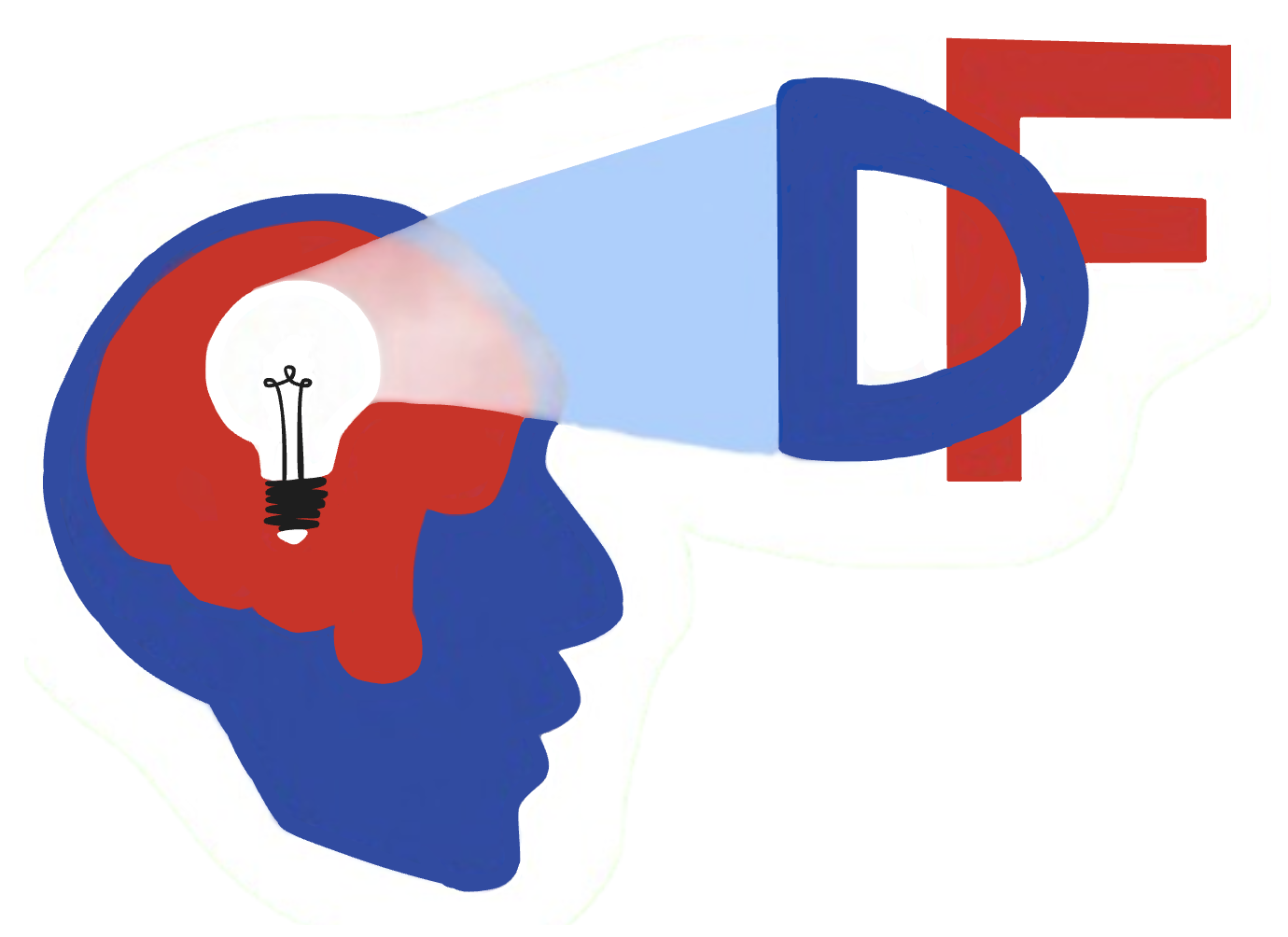 Blue face side profile silhouette with their brain pronounced in red. Inside the red brain is a lightbulb shining the letters "DF". The "D" is a dark blue and the "F" is a dark red.